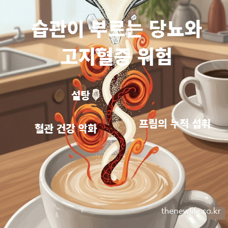 Mix coffee side effects – infographic showing the risk of diabetes and high cholesterol caused by sugar and creamer in mix coffee / 믹스커피 부작용 – 믹스커피 속 설탕과 프림 누적 섭취로 인한 당뇨·고지혈증 위험 인포그래픽