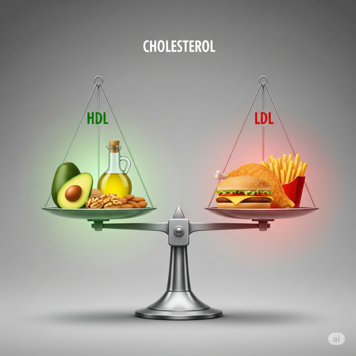 한쪽에는 아보카도, 견과류 등 건강한 음식이, 다른 한쪽에는 튀김, 햄버거 등 건강하지 않은 음식이 놓여 완벽한 균형을 이룬 저울 이미지.