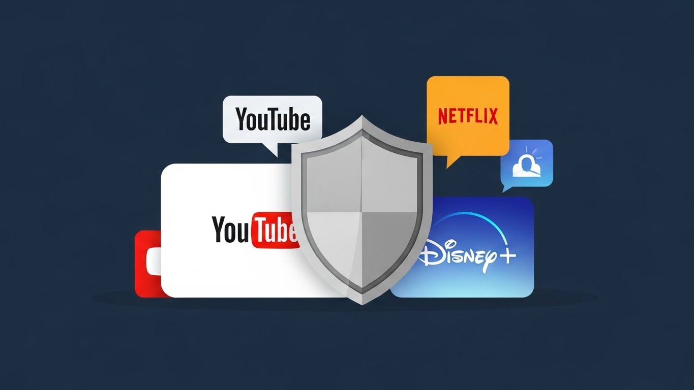 유튜브, 넷플릭스 등 구독 서비스 로고와 방패 이미지를 결합한 절약 전략 일러스트