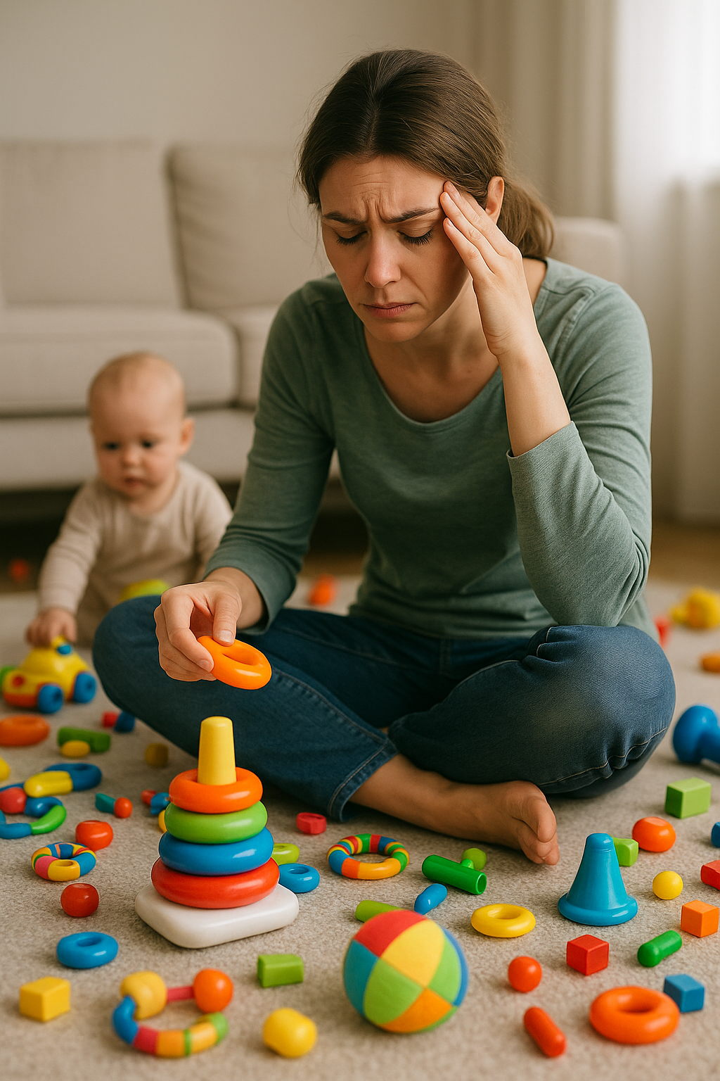 아기 장난감을 치우느라 피곤한 엄마 사진