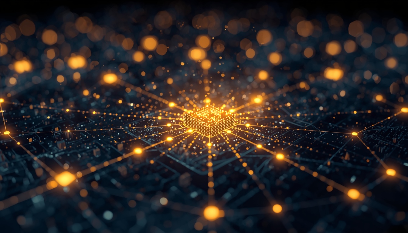 Real-world data particles being verified and recorded onto a secure blockchain.