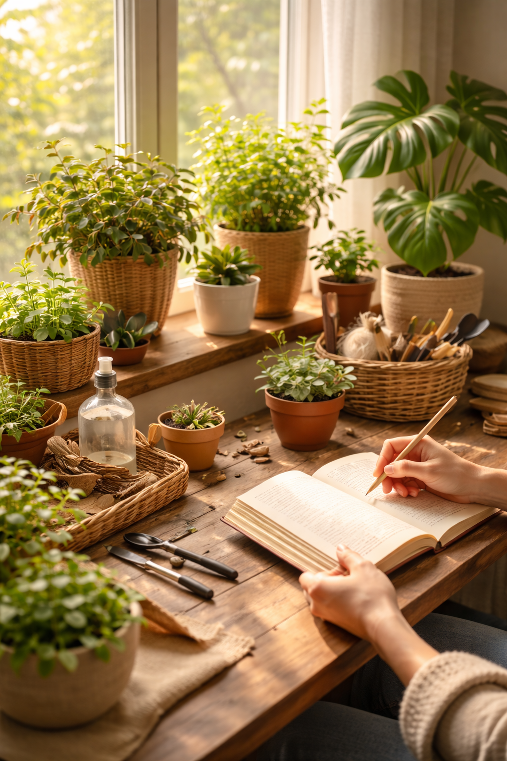 창가에서 화분 관찰일지를 쓰는 사람 사진
