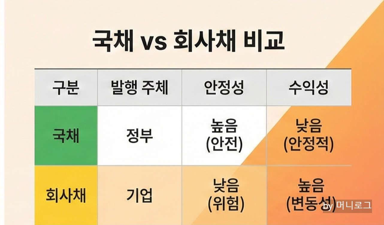국채 vs 회사채 비교 표가 깔끔하게 정리된 인포그래픽