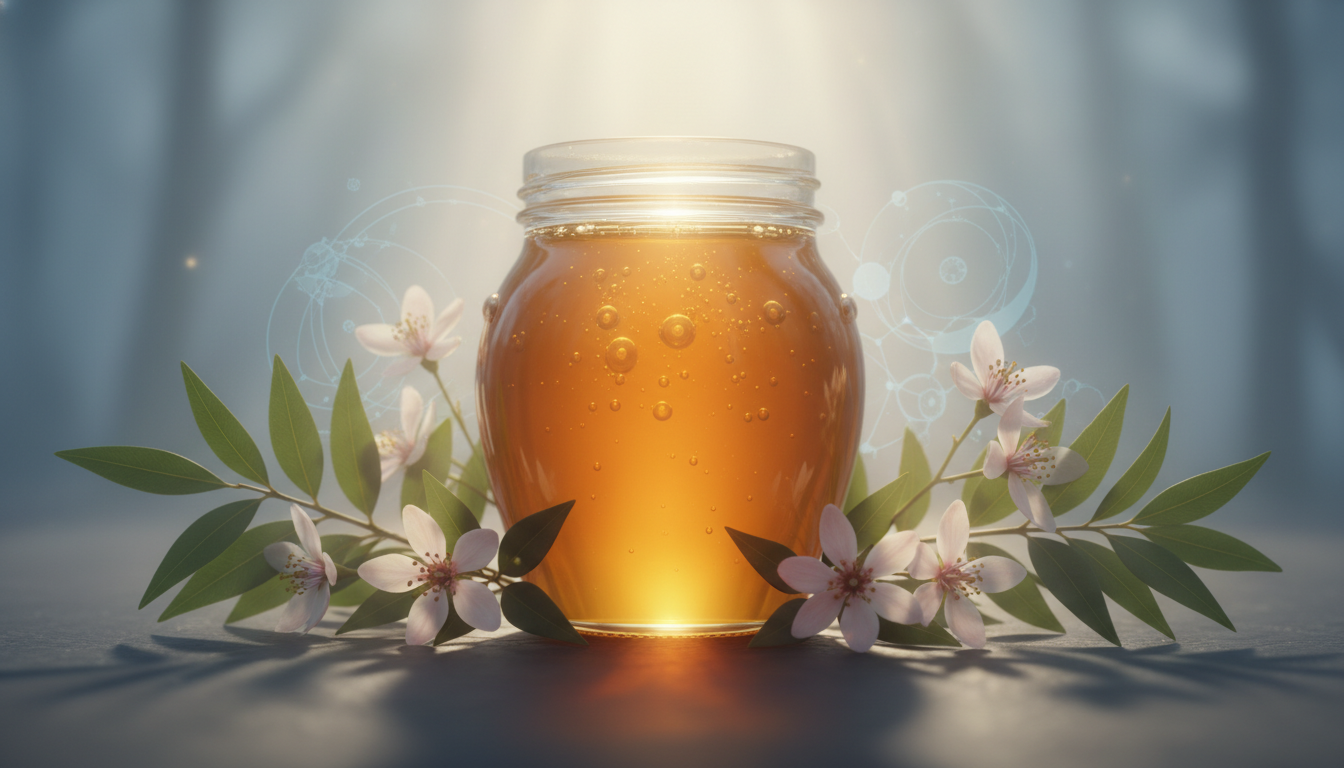 빛나는 황금색 마누카꿀 병과 주변의 마누카 잎, 꽃이 어우러져 위 건강을 상징하는 평화로운 이미지