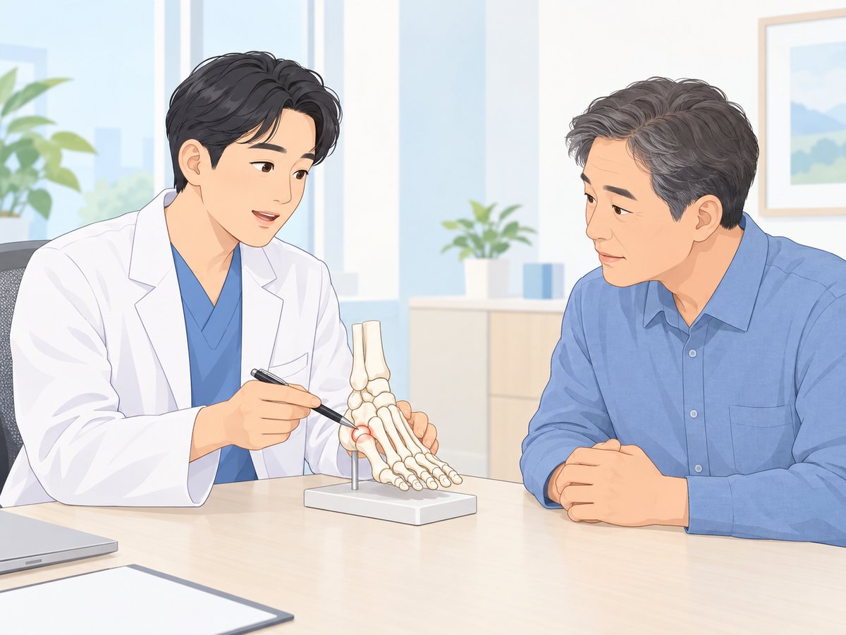 의사가 발뼈 모형에서 붉게 표시된 엄지발가락 뿌리 관절을 가리키며 환자에게 설명하는 장면