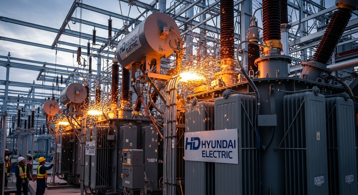 번쩍이는 구리 전선과 초고압 변압기가 설치되는 미국 인프라 현장