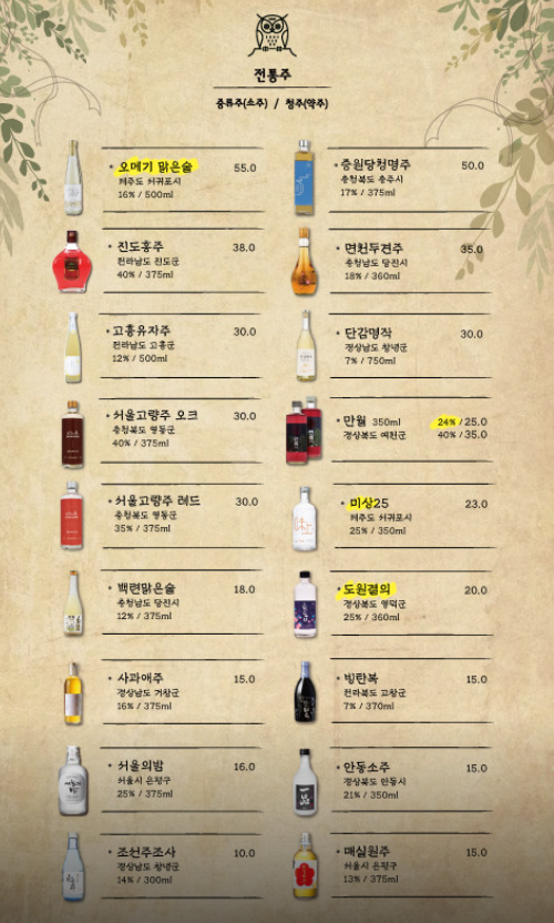 부엉이산장 주류 메뉴 2