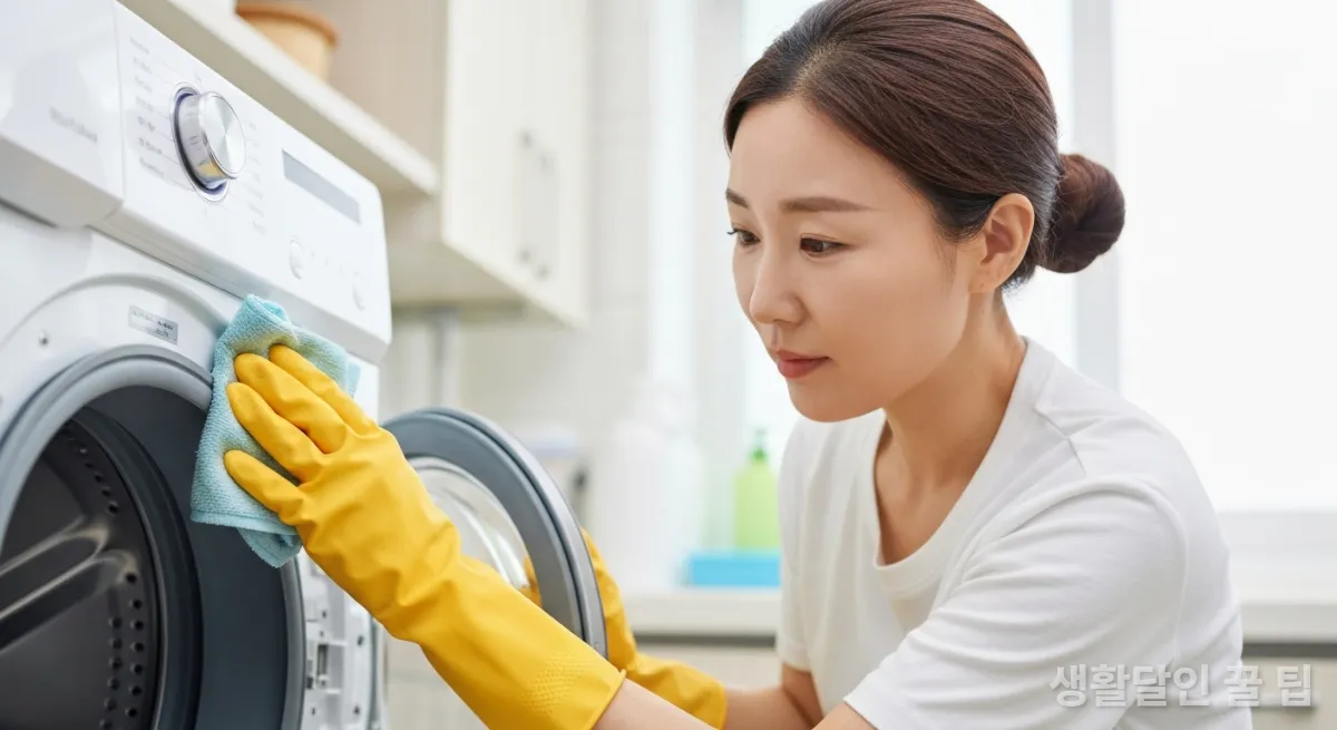 드럼 세탁기 고무 패킹을 꼼꼼히 닦는 한국 여성의 손