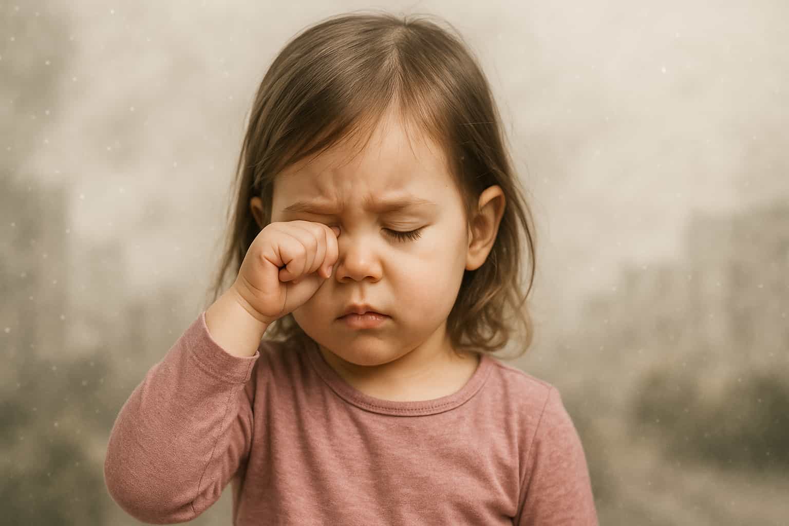 초미세먼지가 많은 날 아이가 눈을 비비는 모습을 보여주는 이미지