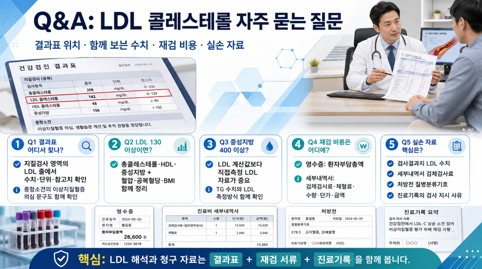 LDL 콜레스테롤 결과표 위치, 수치 기준, 재검 비용, 실손 자료를 묻고 답하는 Q&amp;A 인포그래픽