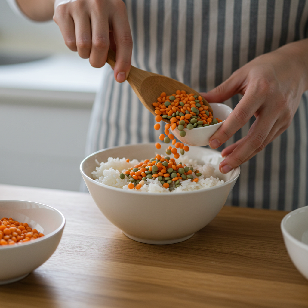 혈당 부하 지수(GL)를 낮추기 위해 흰 쌀에 렌틸콩을 섞으며 건강한 밥을 준비하는 손
