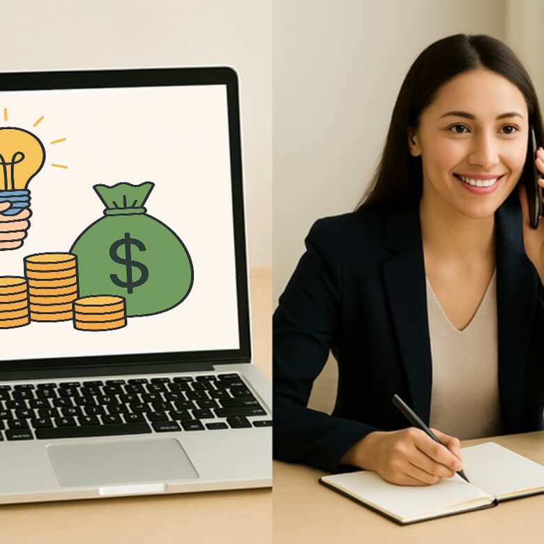 노트북과 메모장을 둔 책상에서 전화 상담 중인 여성의 일러스트 분위기 사진