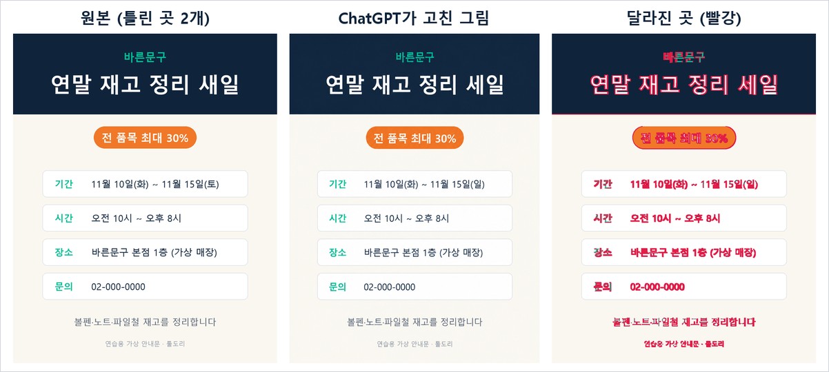 원본, 고친 그림, 달라진 곳 비교