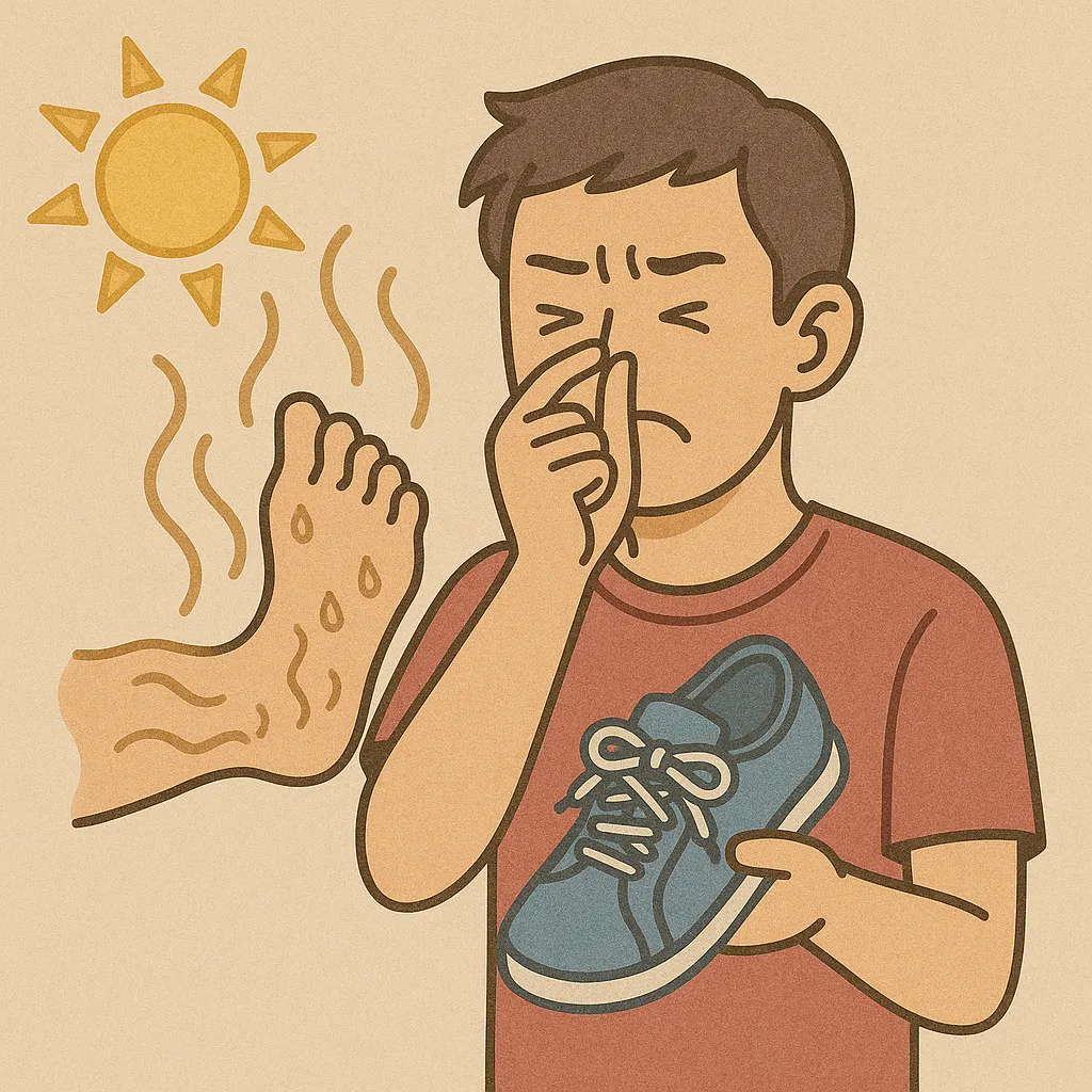 여름-햇볕-아래-땀-많이-난-발에서-냄새가-나는-모습-코를-막고-신발을-든-남성