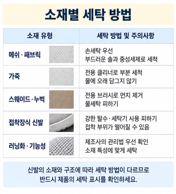 메쉬 가죽 스웨이드 기능성 운동화의 세탁기 사용 가능 여부와 권장 세탁 방식을 비교한 이미지
