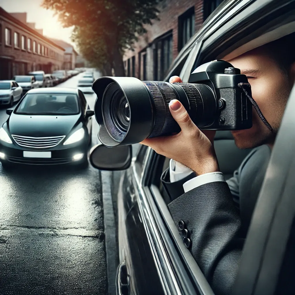 사립탐정이 주차된 차 안에서 망원렌즈 카메라로 감시 활동을 수행하는 장면