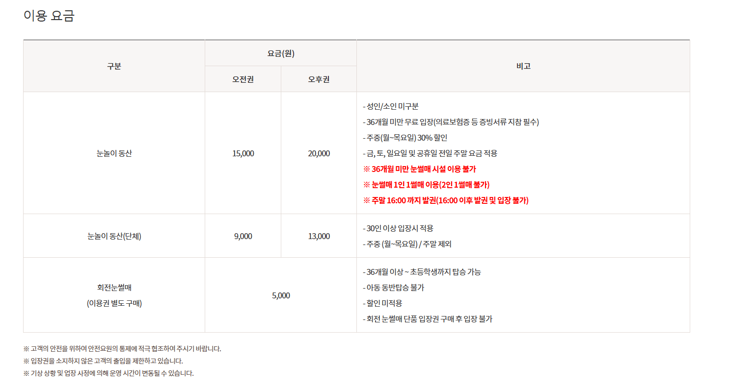 원주-오크밸리-눈썰매장-이용요금