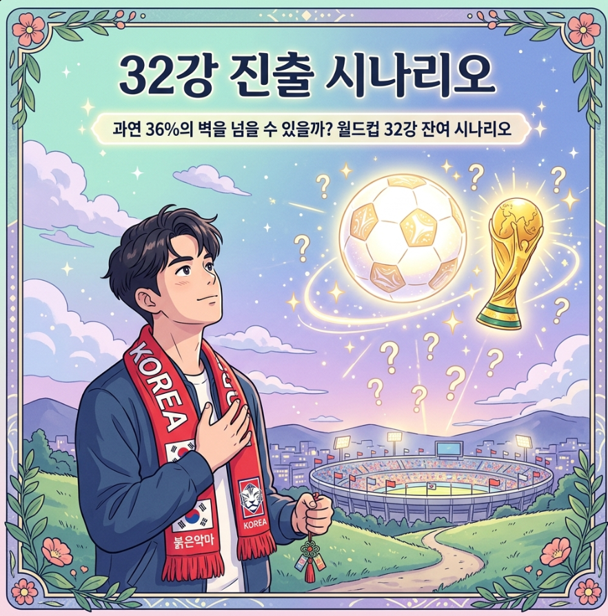 2026 북중미 월드컵 한국 32강 진출 가능성 36% 추락, 남은 경우의 수 정리