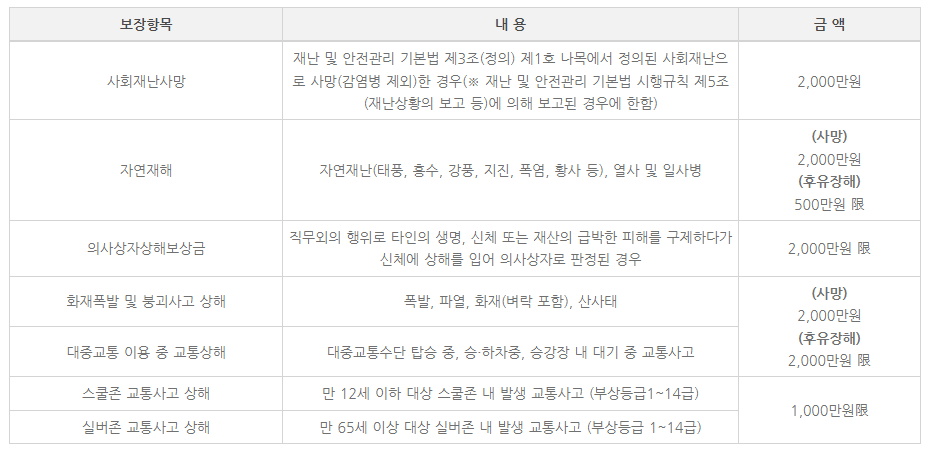 시민안전보험 보장항목