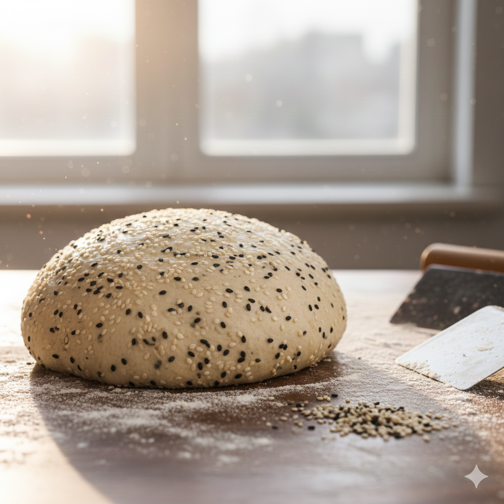 오븐에 넣기 전, 빵 반죽 표면서 고소한 검은깨와 참깨를 골고루 뿌린 모습