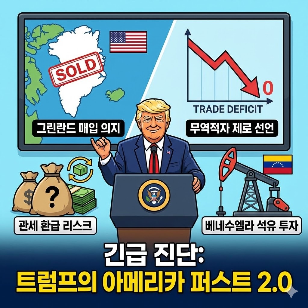 트럼프 대통령의 '아메리카 퍼스트 2.0' 정책 핵심인 그린란드 매입 의지, 무역적자 제로 선언, 관세 환급 리스크, 베네수엘라 석유 투자를 시각화한 1:1 비율의 뉴스 그래픽 썸네일 이미지