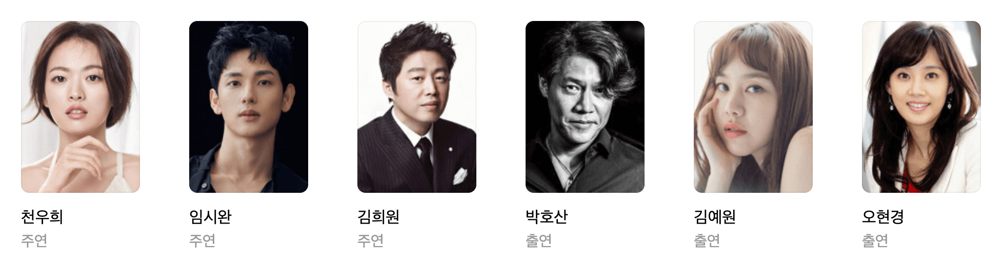 영화 스마트폰을 떨어뜨렸을 뿐인데의 출연진 6명의 사진이 가로 정렬된 모습