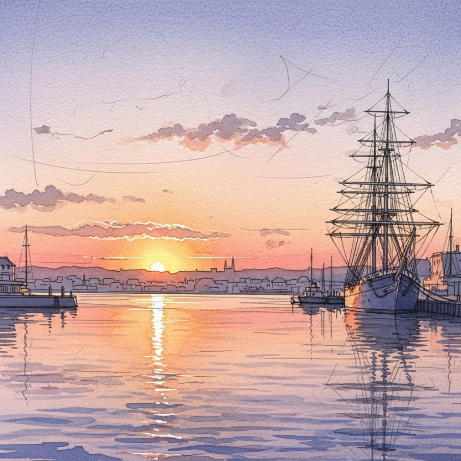 노을 지는 항구에 정박 중인 선박의 모습