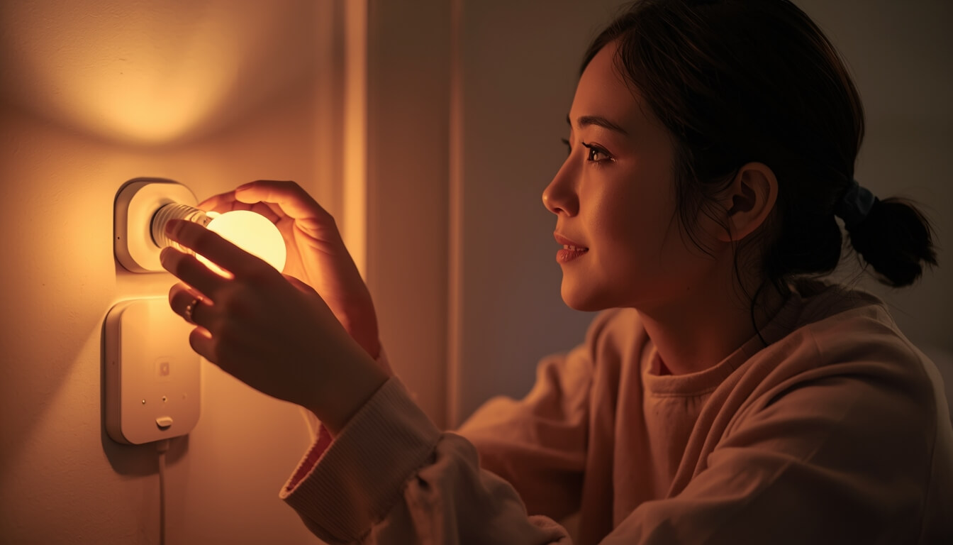 침실 스탠드에 스마트 조명을 설치하여 수면 환경을 조성하는 모습
