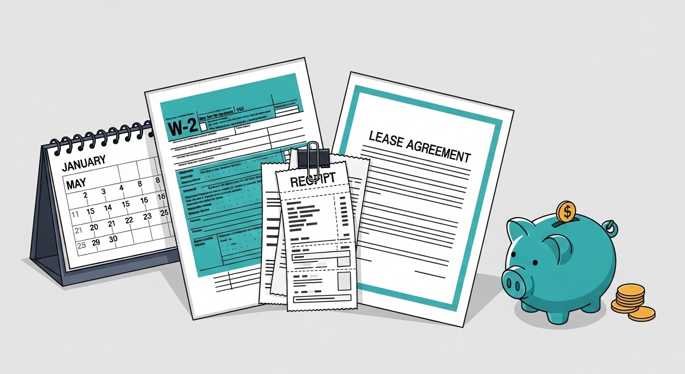 연말정산 및 지원금 신청을 위해 월세 계약서, 영수증 등 중요한 서류를 정리하는 모습