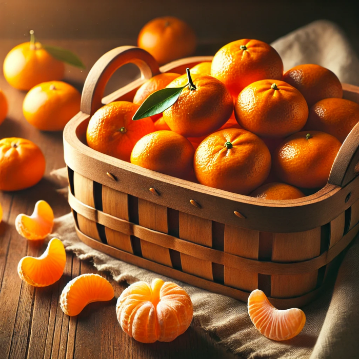 나무 바구니에 담긴 귤과 껍질을 벗긴 귤 조각의 이미지.