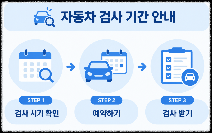 자동차 검사 시기 확인부터 예약, 검사받기까지 3단계 흐름 안내 이미지