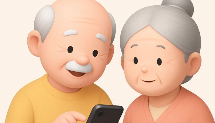 핸드폰을 보고 있는 노인부부