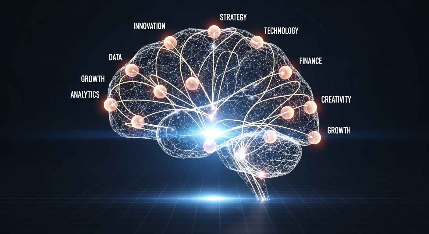 3D network infographic where 10 keyword nodes connect like a neural network to form a brain shape.