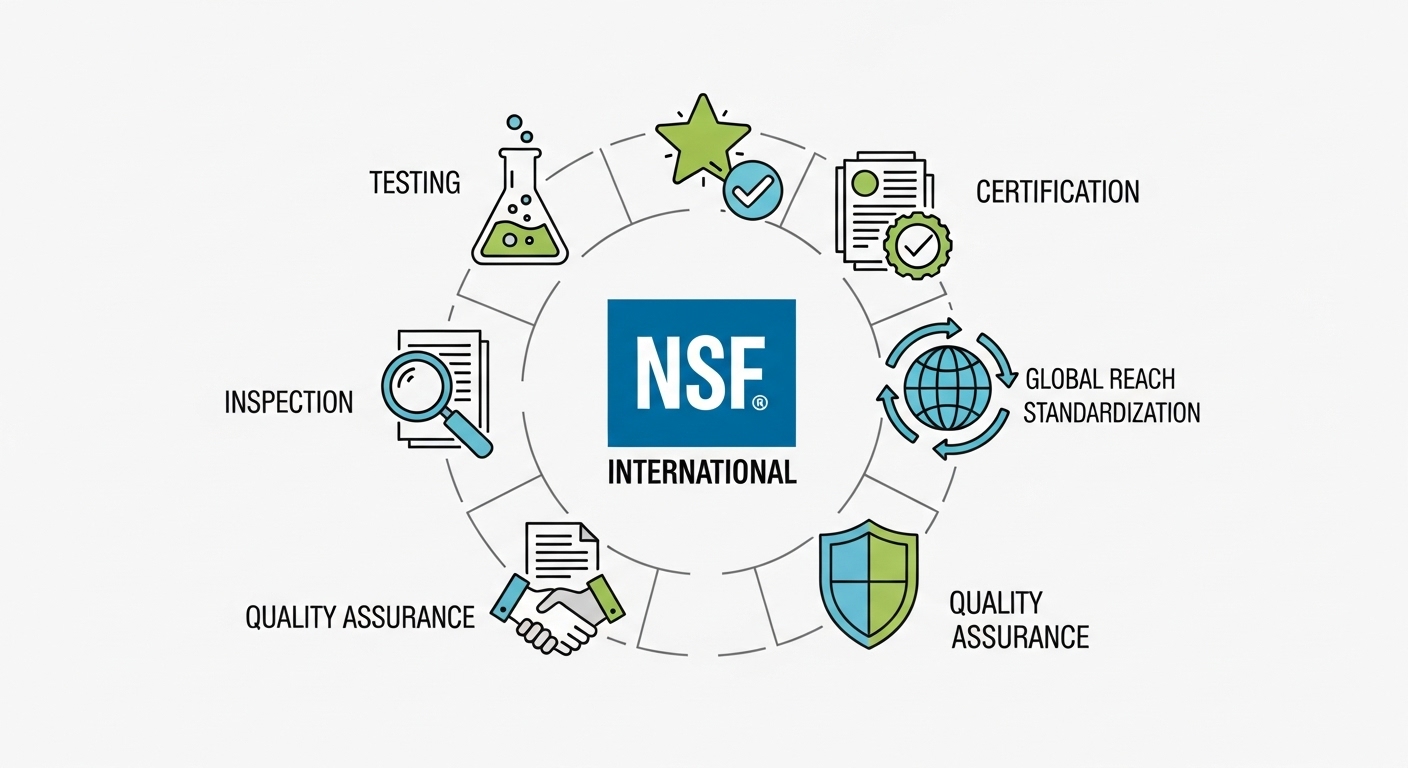 NSF International 로고와 인증 과정을 나타내는 그래픽