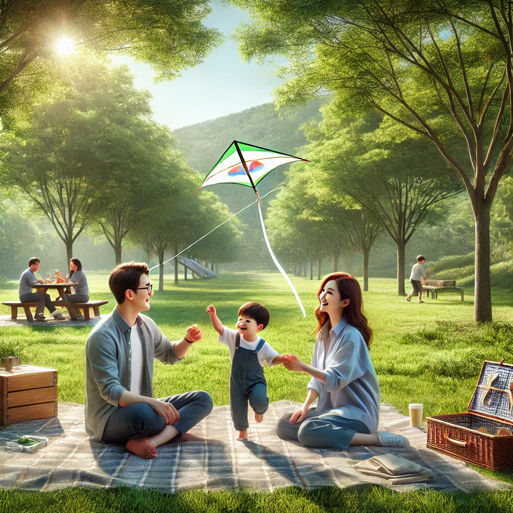 공원에서 가족과 함께 즐거운 시간을 보내는 한국인 가족의 하이퍼리얼리즘 장면. 부모는 피크닉 담요 위에 앉아 있고&amp;#44; 아이는 연을 날리며 나무와 푸른 잔디로 둘러싸인 밝고 활기찬 분위기