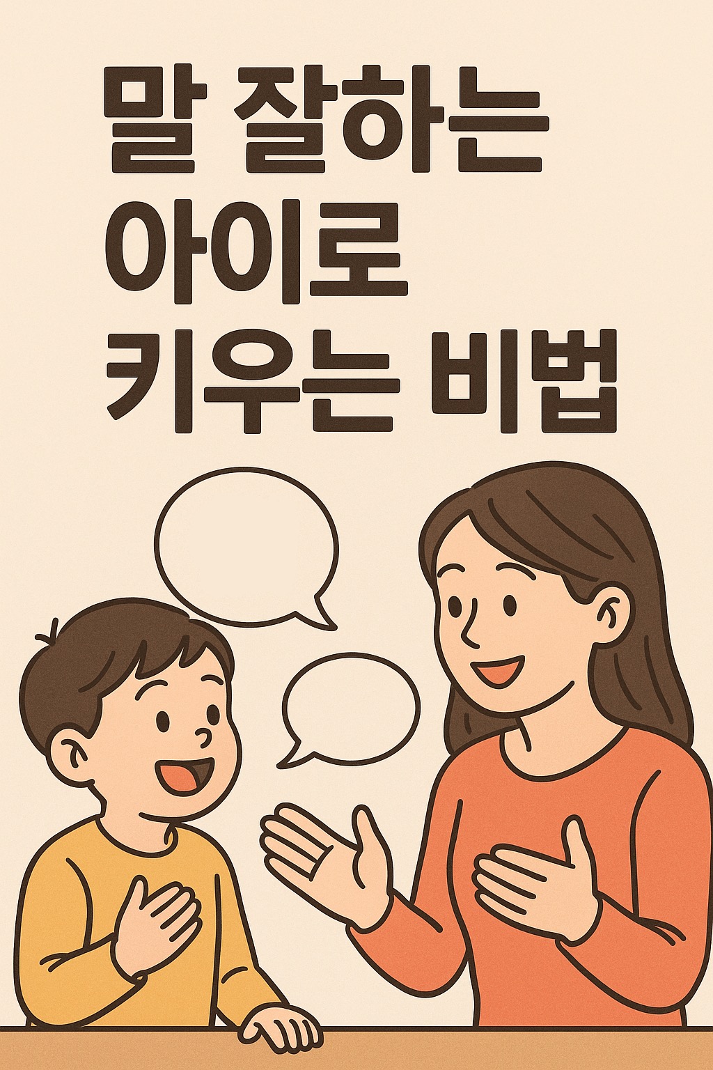 말 잘하는 아이로 키우는 비법 주제가 쓰여져 있고 아이와 엄마가 대화를 하는 사진