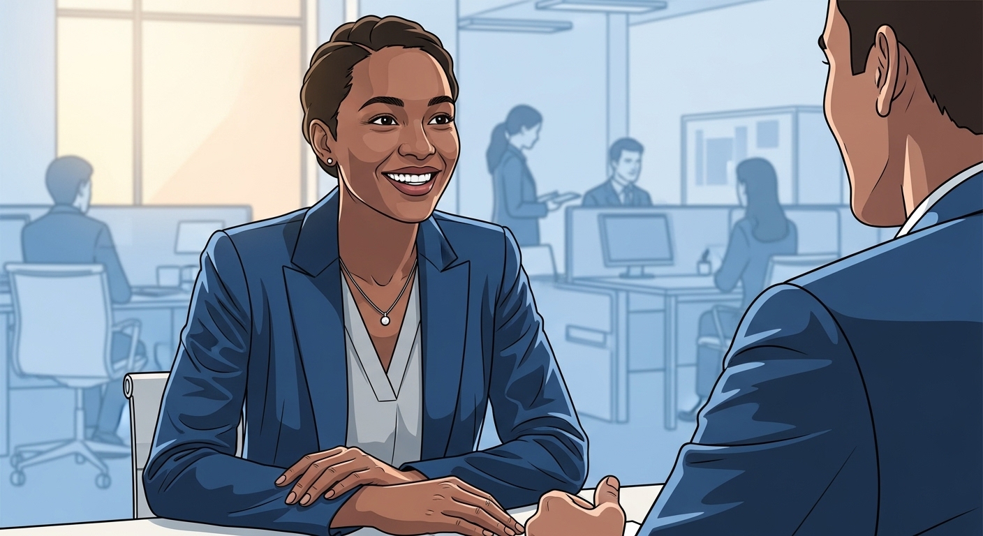 재취업에 성공하여 밝은 표정으로 면접에 임하거나 네트워킹하는 사람의 모습