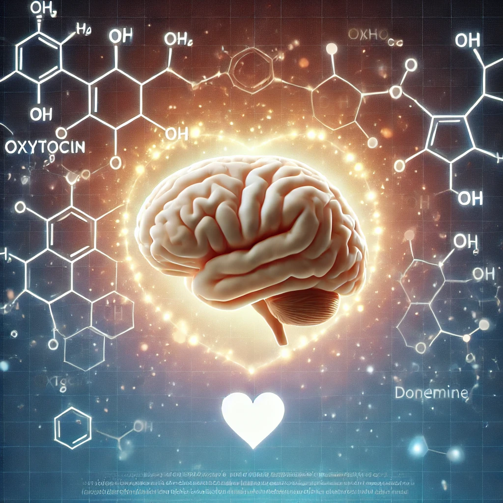 뇌에서 빛나는 화학 반응과 함께 옥시토신, 도파민과 같은 사랑 호르몬의 작용을 상징적으로 표현한 이미지
