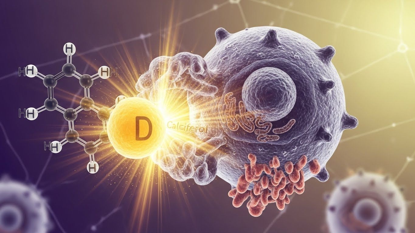 인간 면역 세포(아마도 대식세포나 림프구)가 비타민 D 분자와 상호작용하며 에너지 넘치고 보호적인 빛을 내는 클로즈업 스타일의 이미지입니다.