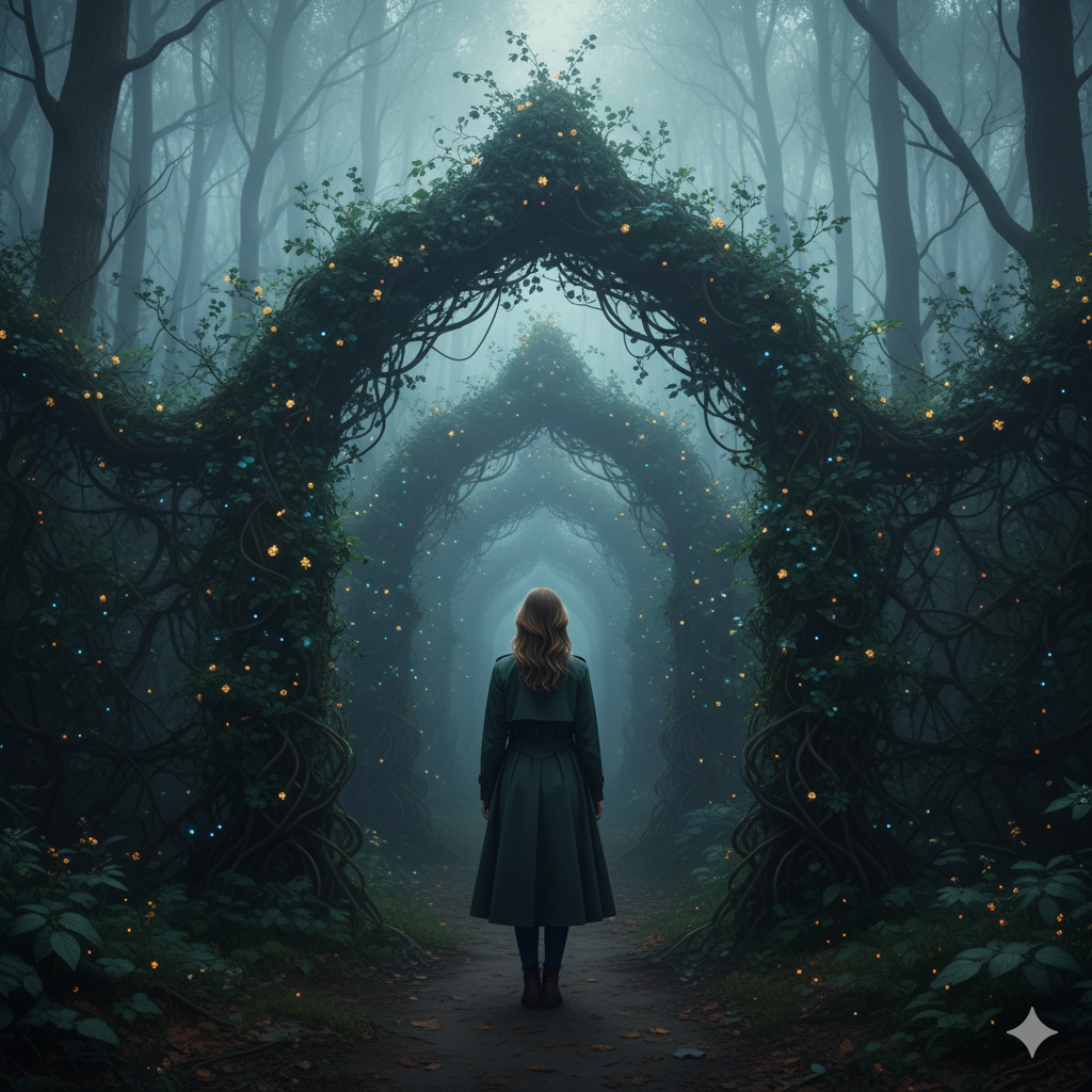 완벽주의의 함정을 상징하는 끝없이 이어지는 덩굴 미로 입구에 선 여성