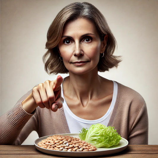 음식을 가리키는 중년여성 이미지