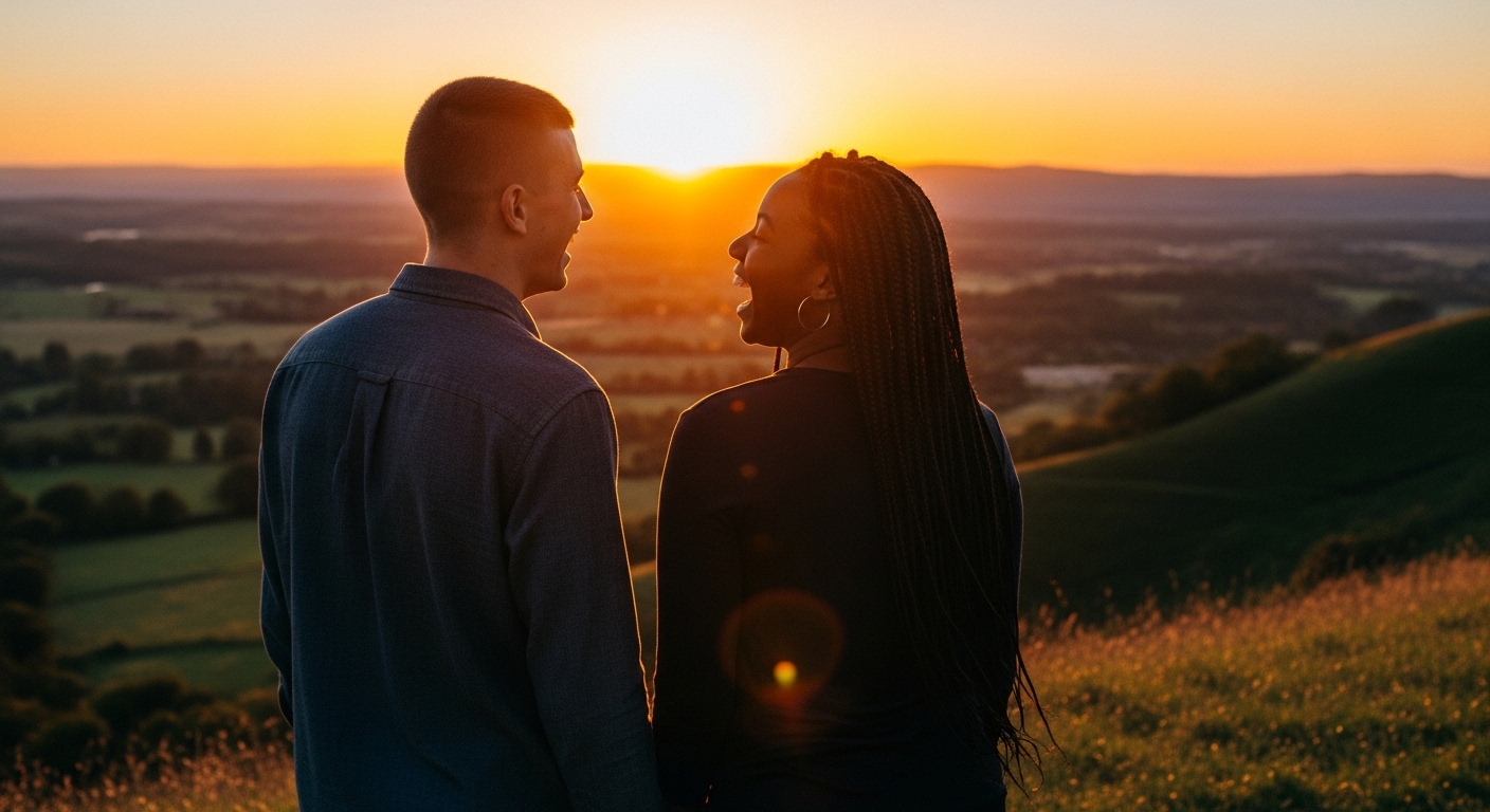 The back view of two friends laughing in the sunset glow.