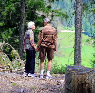 숲속에 손잡고 있는 노부부