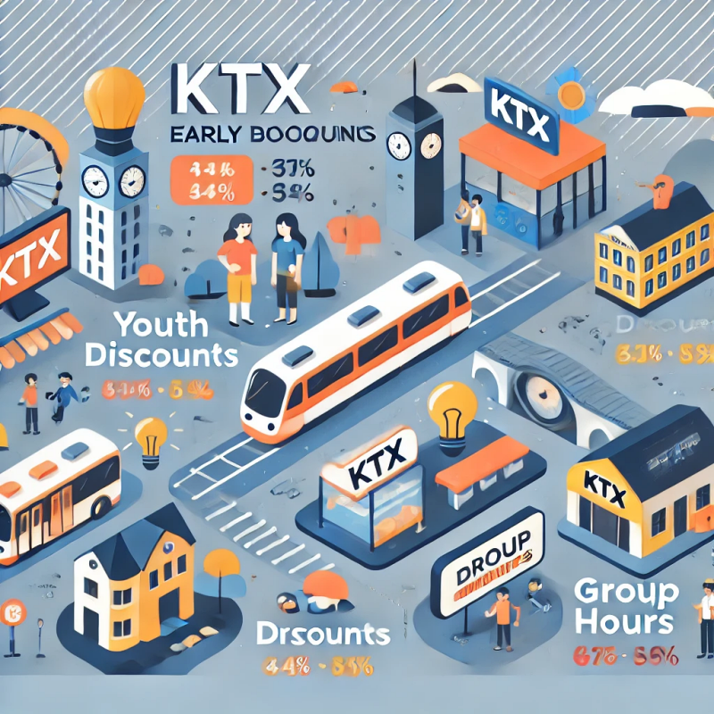 KTX 조기 예매&amp;#44; 청소년 할인&amp;#44; 다인 할인&amp;#44; 비수기 시간대 할인 혜택을 한눈에 보여주는 다채로운 인포그래픽