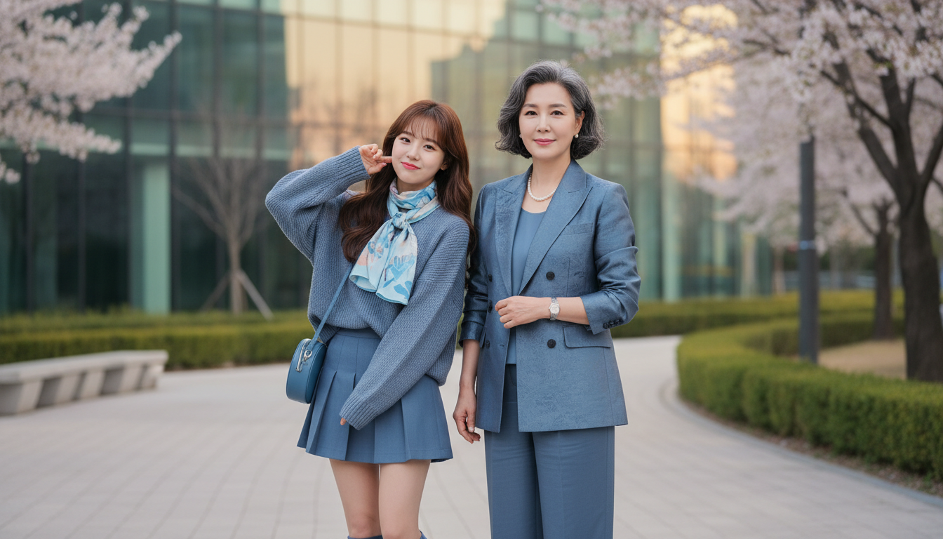 우아한 50대 여성(고현정 스타일)과 발랄한 키작녀(김혜윤 스타일)가 함께 서 있는 모습.