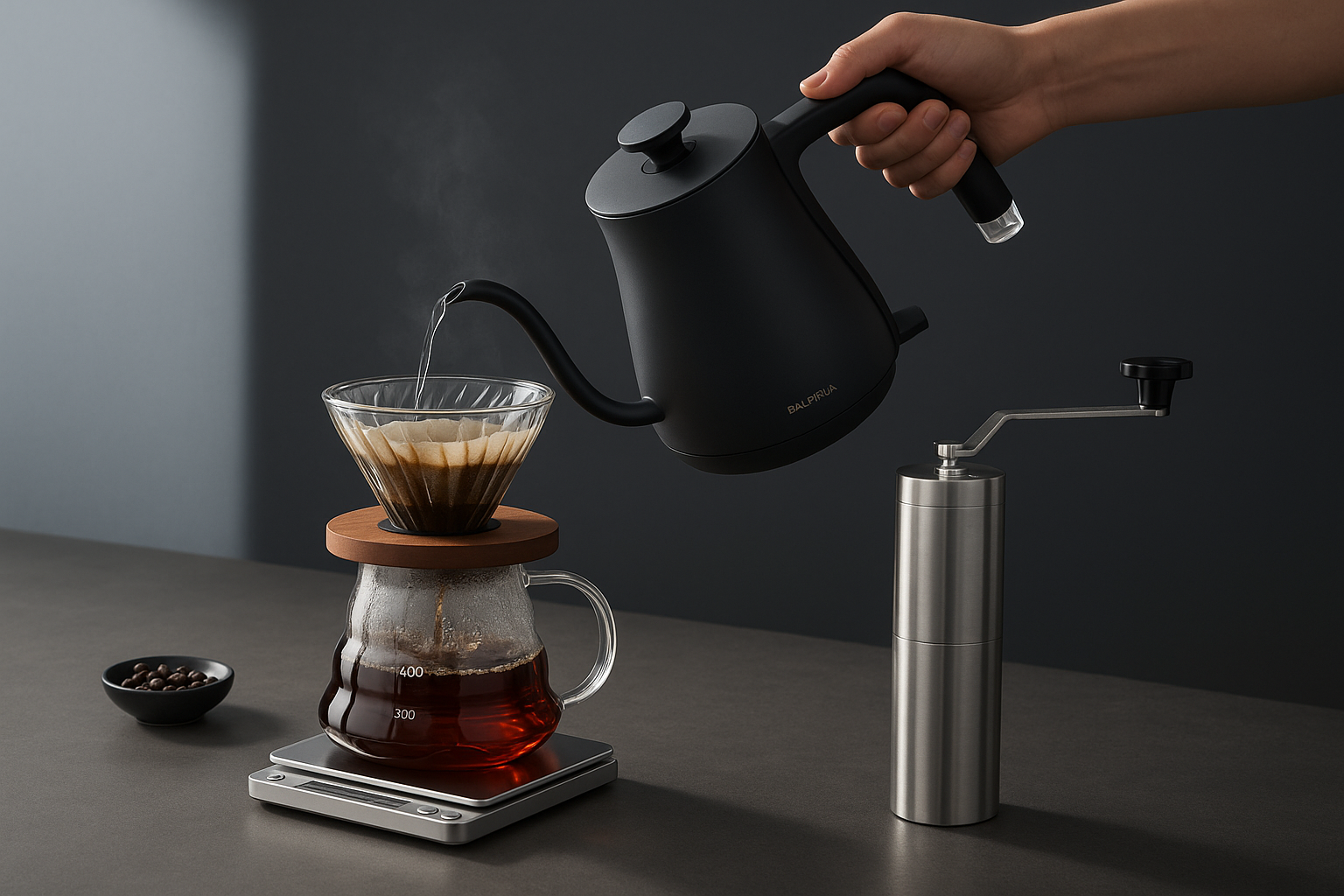 핸드 드립 커피 추출 중인 장면. 발뮤다 전기포트로 뜨거운 물을 부으며 커피를 내리고 있다.