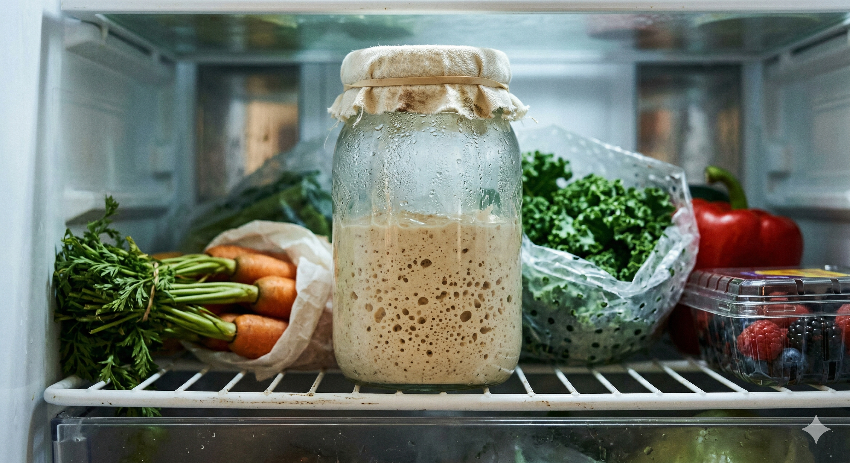 냉장고 신선 칸에 보관하여 활동 속도를 늦춘 천연발효종 르방