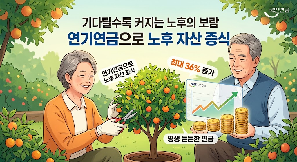 노후를 위해 국민연금 연기연금을 활용하여 더 큰 연금액을 쌓아가는 행복하고 평온한 노부부의 모습을 담은 일러스트. '최대 36% 증가'와 '평생 든든한 연금'이라는 메시지를 시각화함