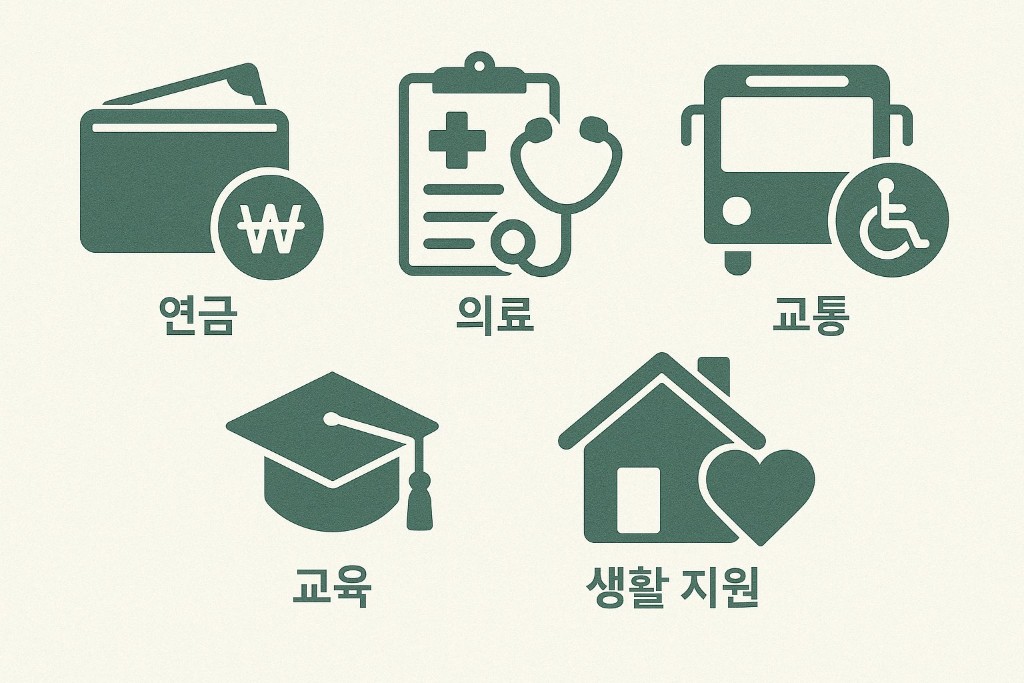 장애인 복지 혜택 아이콘 인포그래픽 – 연금, 의료비 지원, 교통 감면, 복지카드, 교육지원, 주거 혜택을 상징하는 그림