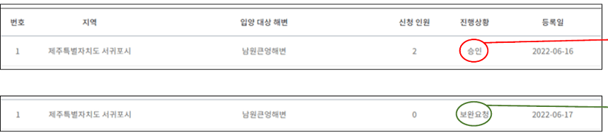 해변등록후-진행상황이-승인-또는-보완요청인-화면